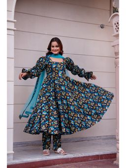 POMCHA - Kapaas Navy Printed Puff Sleeve Anarkali Kurta with Pant and Dupatta (Set of 3)