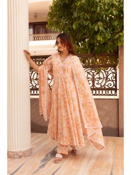 POMCHA - Kapaas Orange Floral Lace Anarkali Kurta with Pant and Dupatta (Set of 3)