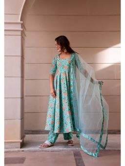 POMCHA - Kapaas Turquoise Anarkali Kurta with Pant and Dupatta (Set of 3)