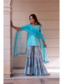 POMCHA - Kapaas Pastel Blue Kurti with Sharara and Dupatta (Set of 3)