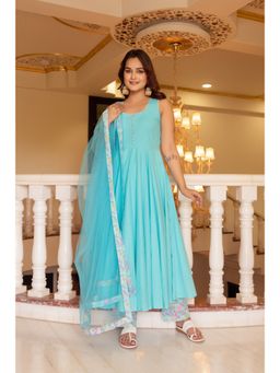 POMCHA - Kapaas Pastel Turquoise Sleeveless Anarkali Kurta with Pant and Dupatta (Set of 3)