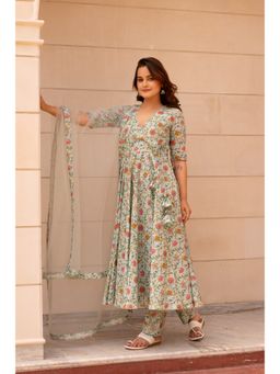 POMCHA - Kapaas Grey Green Angrakha Kurta with Pant and Dupatta (Set of 3)