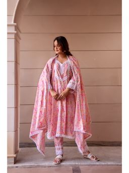 POMCHA - Kapaas Pastel Peach Lace Kurta with Pant and Dupatta (Set of 3)