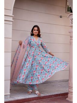 POMCHA - Kapaas Blue Floral Lace Anarkali Kurta with Pant and Dupatta (Set of 3)