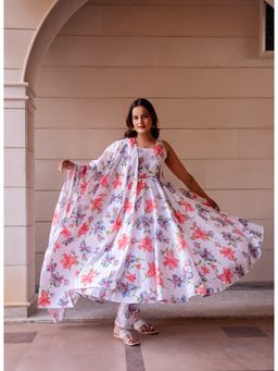 POMCHA - Kapaas Red Lilly White Sleeveless Anarkali Kurta with Pant and Dupatta (Set of 3)