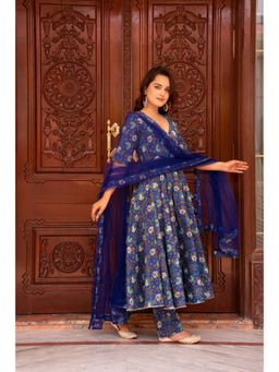 POMCHA - Kapaas Royal Blue Angrakha Kurta with Pant and Dupatta (Set of 3)
