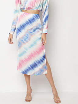 Missguided - Multi-Color Tie Dye Satin Split Midi Skirt