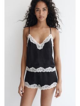 H&M - Women Black Lace-Trimmed Satin Pyjamas