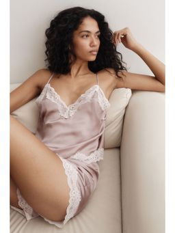 H&M - Women Beige Lace-Trimmed Satin Pyjamas
