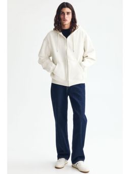 H&M - Men White Loose Fit Zip-Through Hoodie