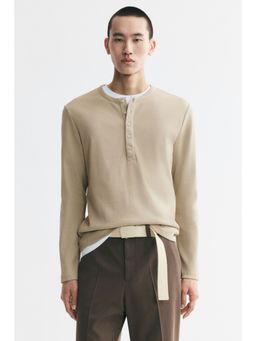 H&M - Men Beige Slim Fit Ribbed Henley T-Shirt