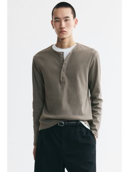 H&M - Men Green Slim Fit Ribbed Henley T-Shirt