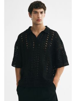 H&M - Men Black Relaxed Fit Crochet-Look Polo Shirt