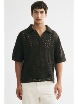 H&M - Men Green Relaxed Fit Crochet-Look Polo Shirt