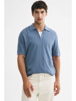 H&M - Men Blue Slim Fit Textured-Knit Polo T-Shirt