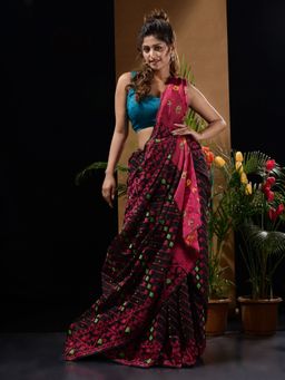 CHARUKRITI - Black & Rani Pink Handwoven Saree with Woven Designs & Patterns with Unstitched