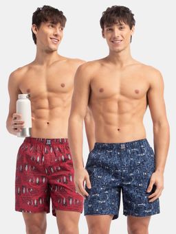 Jockey - US57 Men Cotton Woven Printed Boxer Shorts - Navy & Karanda Red (Pack of 2)