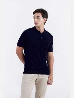 Perona - Men Navy Blue Solid Regular Fit Polo T-Shirt