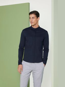 Perona - Relaxed Fit Cotton Satin Men Navy Blue Shirt