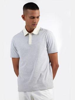 Perona - Men Grey Stripped Regular Fit Polo T-Shirt