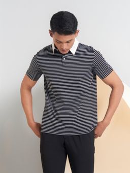 Perona - Men Black Stripped Regular Fit Polo T-Shirt