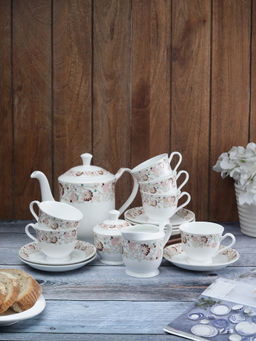 CLAY CRAFT - Fine Ceramic Tea Set of 15-1 Tea Pot with Lid +6 Cups+6 Saucers +1 Milk Pot + 1 Sugar Pot