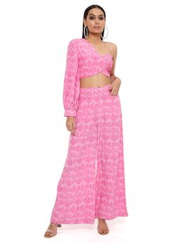 PS Pret by Payal Singhal - Pink Kite Print Crepe One Shoulder Top with Palazzo (Set of 2)