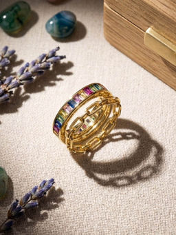 Ritu Singh - Rainbow Baguette + Bar-Link Stacking Ring