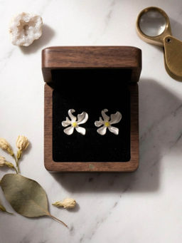 Ritu Singh - Silver Open Petal Flower Stud Earrings With Gold Crystal Centre