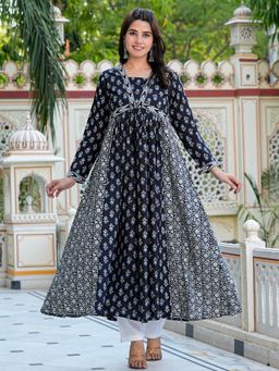 Vbuyz - Womens Alia Cut Anarkali Cotton Black Stitched Kurta