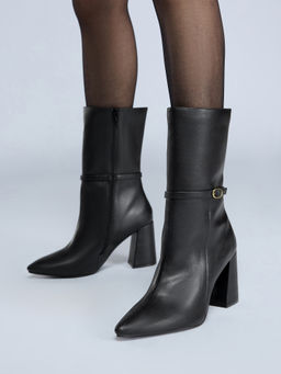 Twenty Dresses by Nykaa Fashion - Black Pointed Toe Mid Calf Block Heel Boots for Women