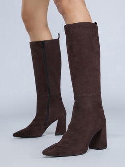 Twenty Dresses by Nykaa Fashion - Brown Pointed Toe Block Heel Below Knee Boots for Women