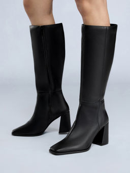 Twenty Dresses by Nykaa Fashion - Black Square Toe Block Heel Below Knee Boots for Women