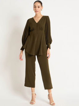 Femmella - Olive Crinkle V-Neck Co-Ord (Set of 2)