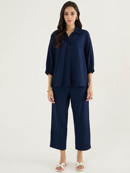 Femmella - Navy Kimono Sleeve Shirt Co-Ord (Set of 2)