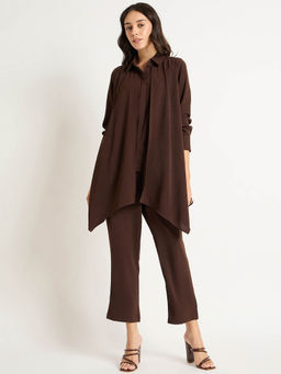 Femmella - Coffee Brown Crinkle Asymmetric Co-Ord (Set of 2)