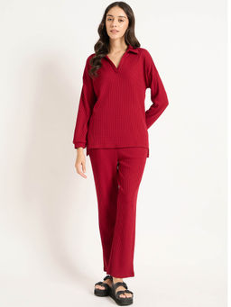 Femmella - Red Waffle Knit Collar Detail Co-Ord (Set of 2)