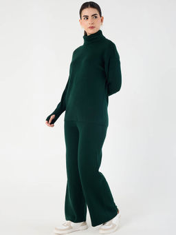 Femmella - Forest Green Knitted Turtle Neck Co-Ord (Set of 2)