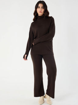 Femmella - Coffee Brown Knitted Turtle Neck Co-Ord (Set of 2)