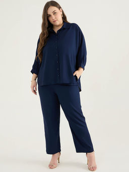 Femmella - Navy Blue Kimono Sleeve Shirt Co-Ord (Set of 2)