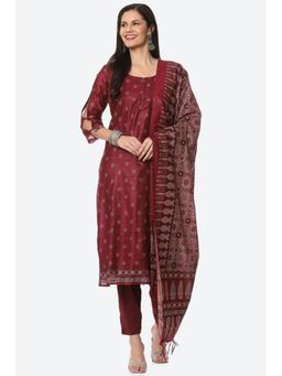 Biba - Maroon Chanderi Printed Unstitched Suit (Set of 3)