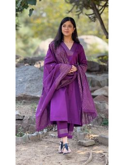 The Hemming Bird - Purple Block Printed Kurta with Pant and Dupatta (Set of 3)