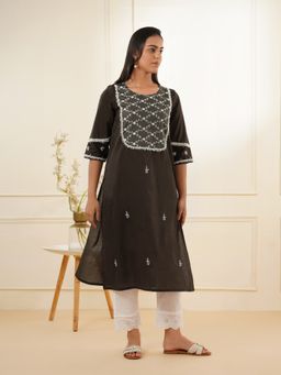 Zuri - Brown Embroidered Casual Cotton Kurta