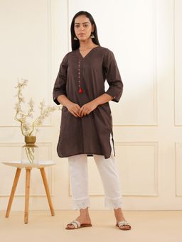 Zuri - Dark Brown Cotton Kurti with Emb Motifs and Dori Work