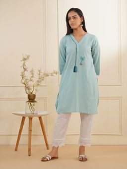 Zuri - Sky Blue Cotton Kurti with Emb Motifs and Dori Work