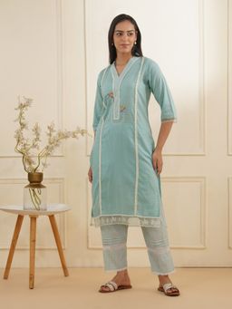 Zuri - Firoza Blue Embroidered Cotton Dobby Kurta