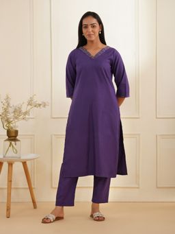 Zuri - Purple Premium Cotton Glaze Embroidered Kurta