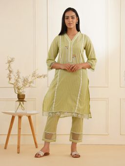 Zuri - Green Lemon Dobby Embroidered Cotton Dobby Kurta