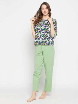 Clovia - Camouflage Print Button Down Top Multicolour & Chic Basic Pyjama Green (Set of 2)