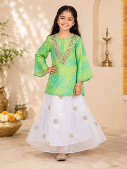 KiddoPanti - Girls Georgette Leheriya Printed Kurta with Embroidered Skirt Set
